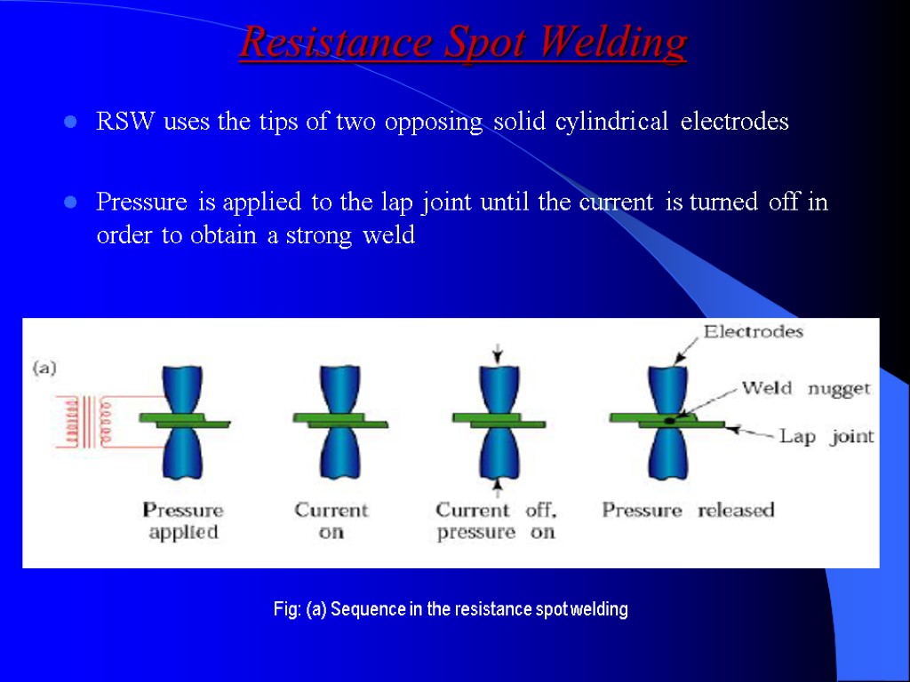 Resistance Spot Welding RSW uses the tips of two opposing solid cylindrical electrodes Pressure